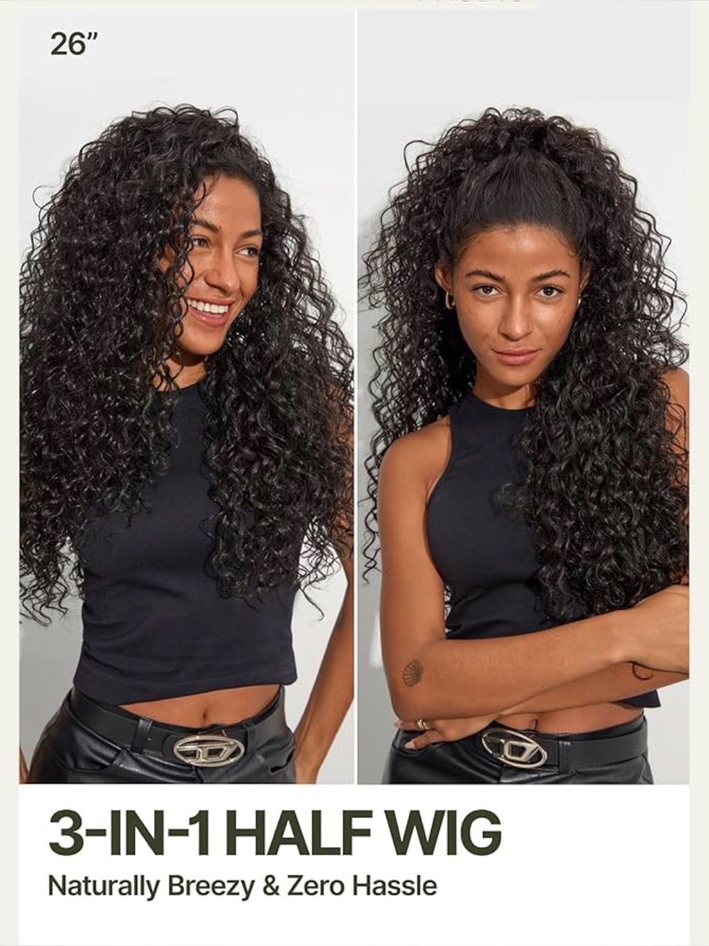 Curly Half Wig Human Hair 26 Inches Veralux™ Fiber Blend Headband Wig 3 in 1